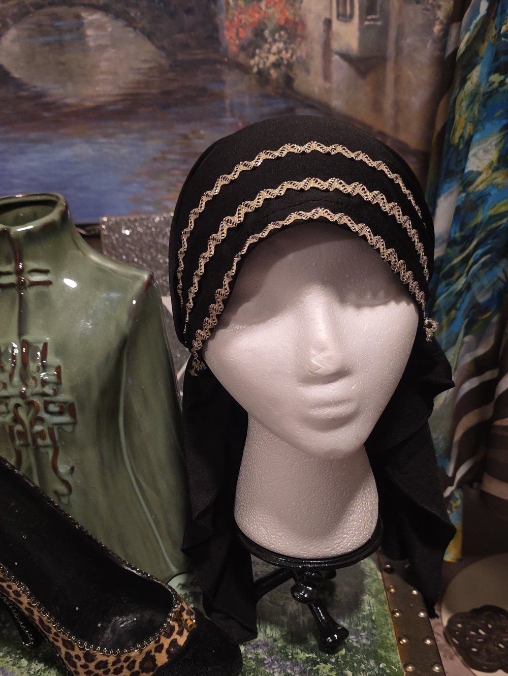 Black Headscarf with Gold Trim - Picture 9 of 9